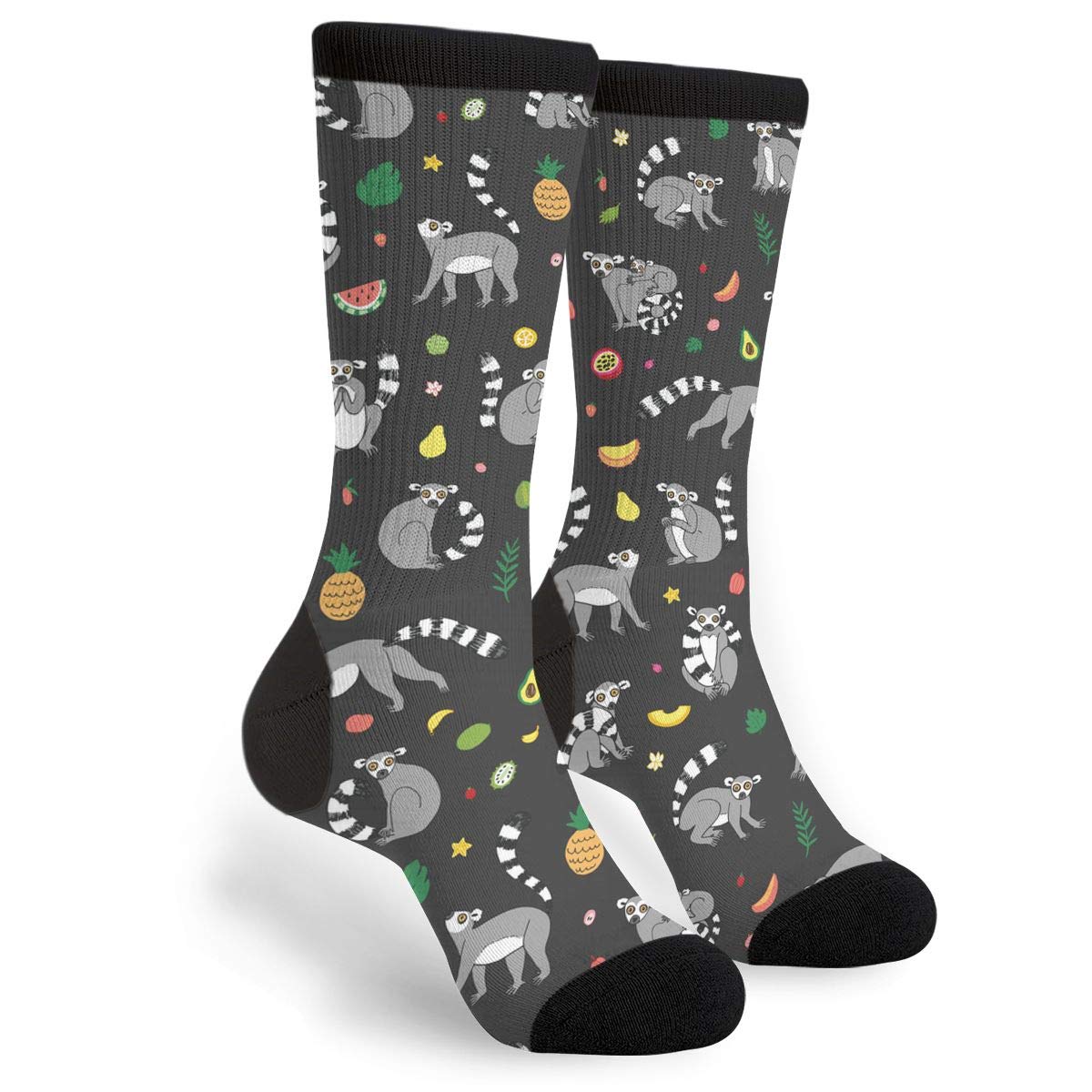 Bufhje Unisex As Pic Fun Novelty Crazy Crew Socks Lemur Animal With Tropical Fruits Dress Socks