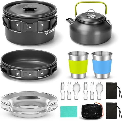 Odoland 15pcs Camping Cookware Mess Kit, Non-Stick Lightweight Pot Pan