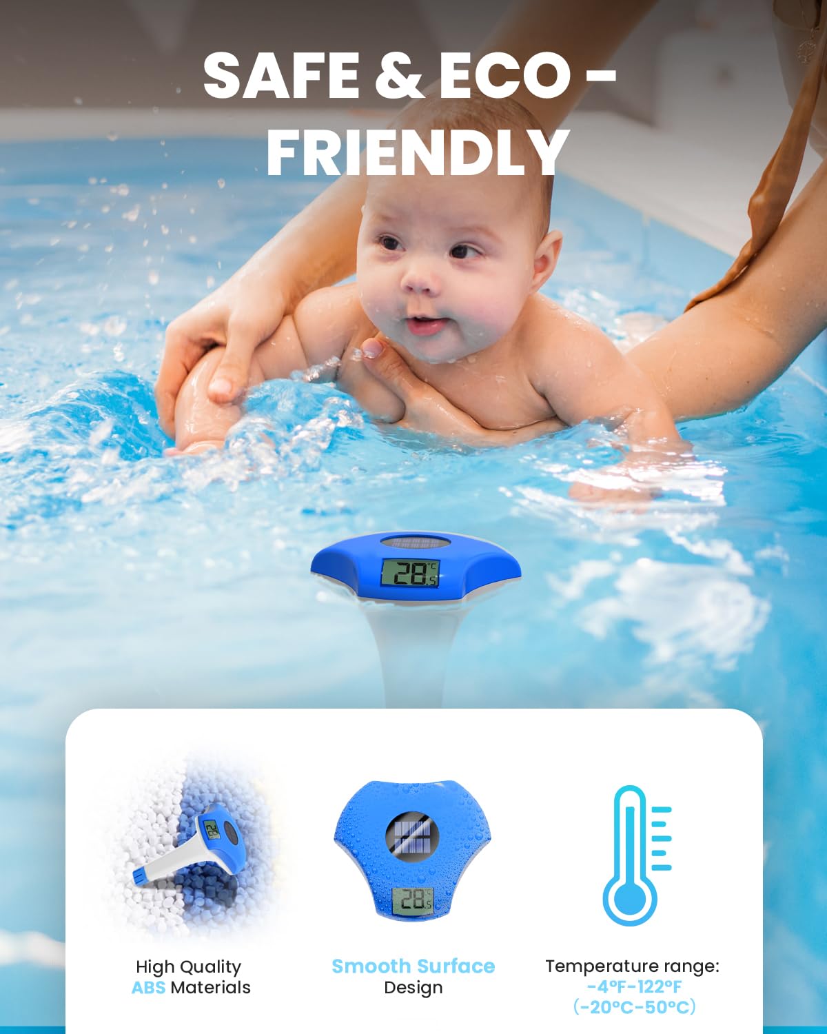 BALDR Pool-Thermometer Schwimmend, IPX8 Wasserdicht, Solarbetriebenes Pool-Thermometer, Geeignet für Schwimmbad/Whirlpool/Warmwasserquelle/Aquarium(Tiefblau)