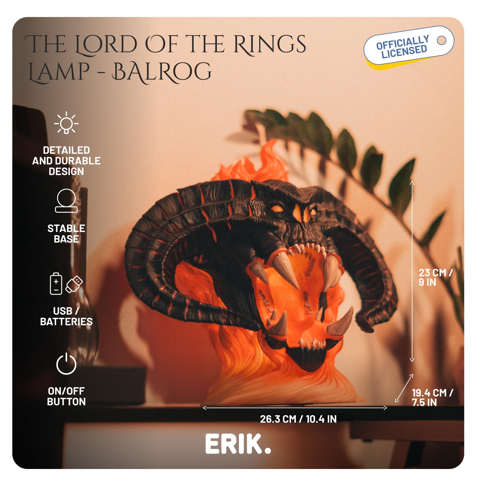 Grupo Erik Lampada Signore degli Anelli - Lampada da Scrivania e Comodino con Luce LED Balrog, Luce Notturna Lord of the Rings Ufficiale | Cavo USB o Pile AAA (26,3 x 23 x 19,4 cm)