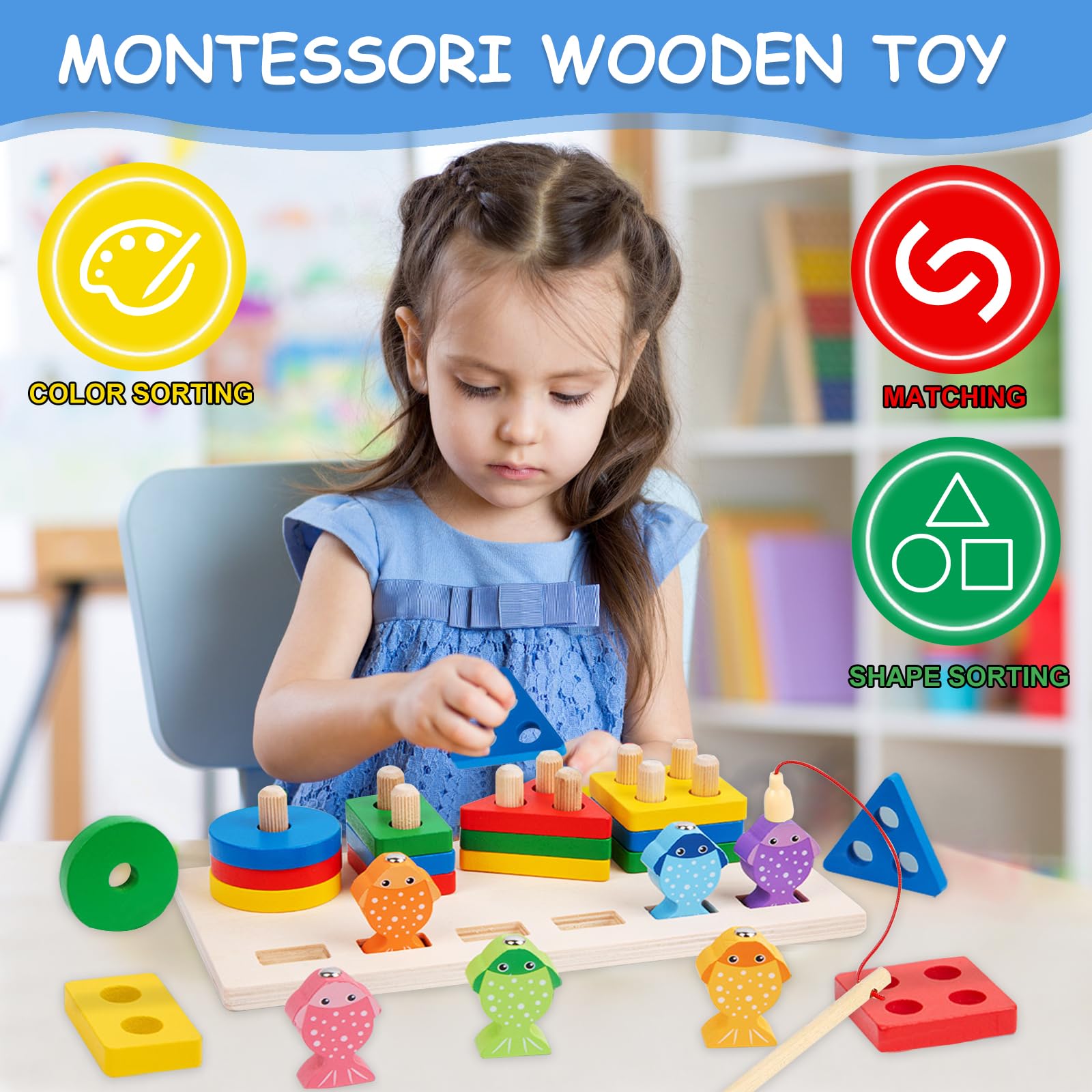 Giocattoli per Bambini Montessori,Giocattoli di Ordinamento e Impilamento in Legno,Forme Geometriche Ordinamento e Impilamento Block Board,Sensoriale Giocattoli,per Bambine e Bambini