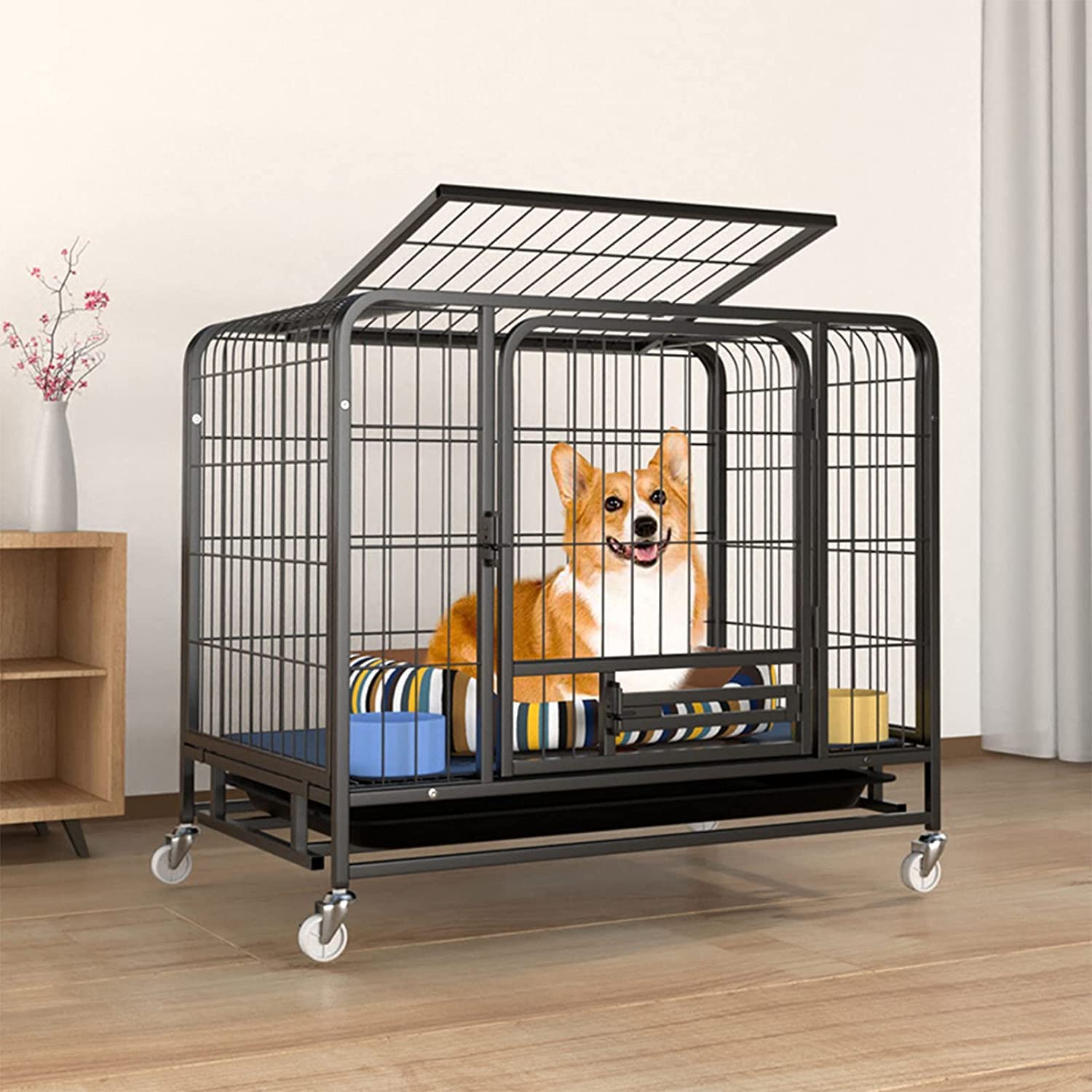 SKADE Heavy Duty Dog Crate | Dog Kennel for Small Medium Large Dog | Strong Metal Escape Proof Dog Cage | Removable Tray & Lockable Wheels (M-(78 * 54 * 70cm))