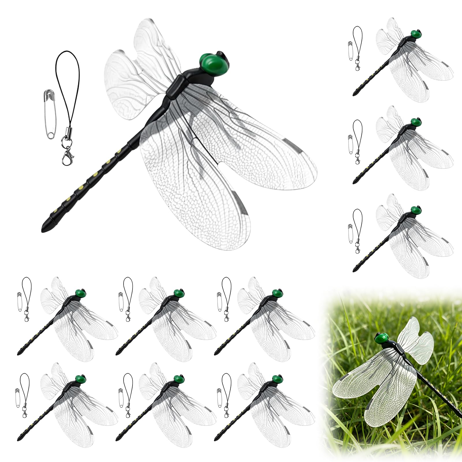 3D Artificial Dragonfly Clips,Fake Dragonflies Stakes Garden Decor，Lifelike Simulated Dragonfly with Hook Clip for Hat Backpack Garden Outdoor Yard Plant Decor(10Pcs Streak)