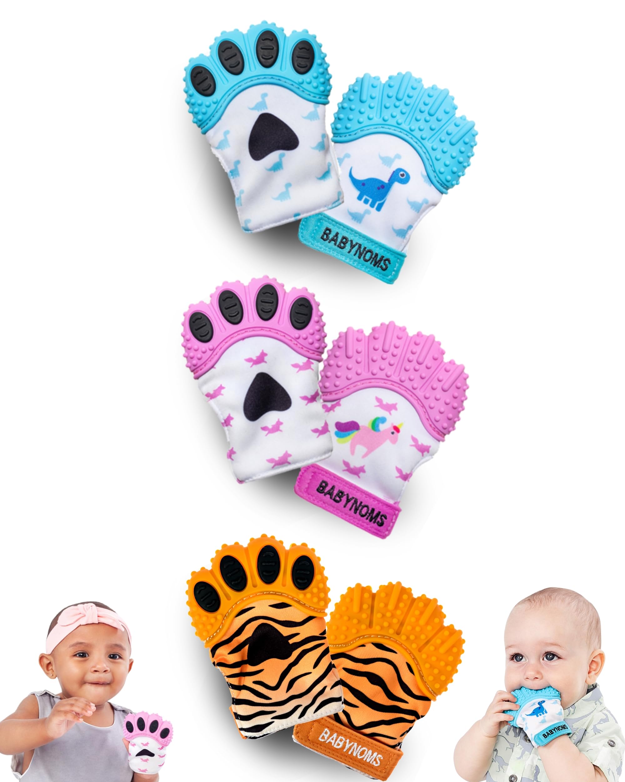 BabyNoms ® Teething Mitten | 3 Pack Bundle | Dino Blue, Pink Unicorn & Tiger Orange Teether Paws