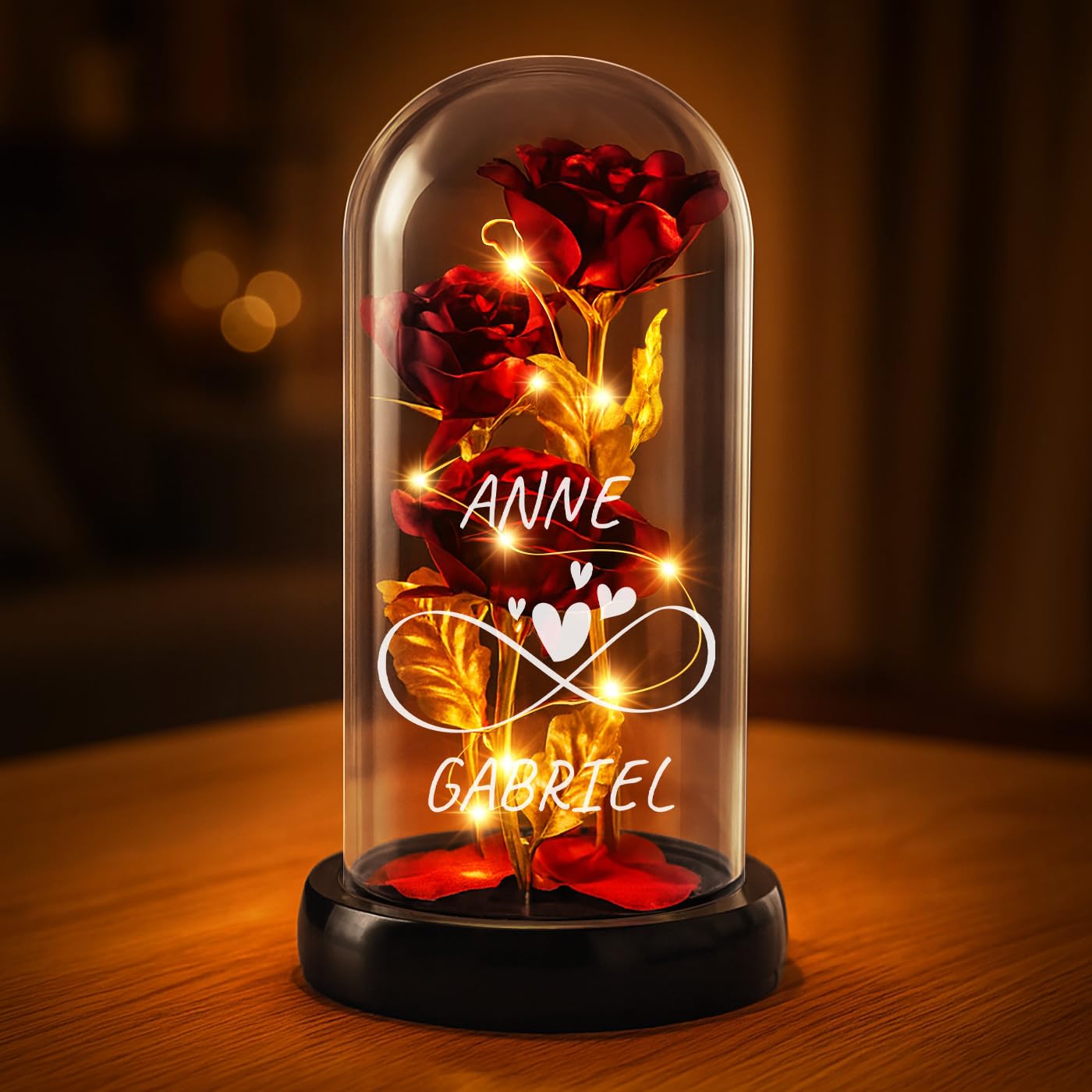 Maverton Rose Eternelle sous Cloche LED avec Gravure - Rose Immortelle Rouge avec Lumière Chaude LED - Idee Cadeau Couple - Cadeau Personnalisé Amour pour Amis Saint-Valentin Mariage - Amour Infini