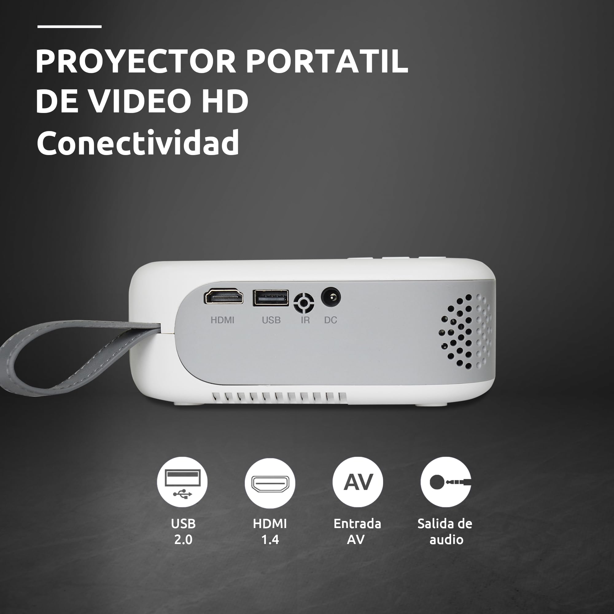 STRONG - Mini Proyector de Vídeo N1 - Resolución HD 720p Compatible con Full HD 1080p - 120 ANSI Lúmenes - Distancia de proyección 0,9 a 6,2 m - Conectividad HDMI/USB/AV + Salida de Audio - Blanco