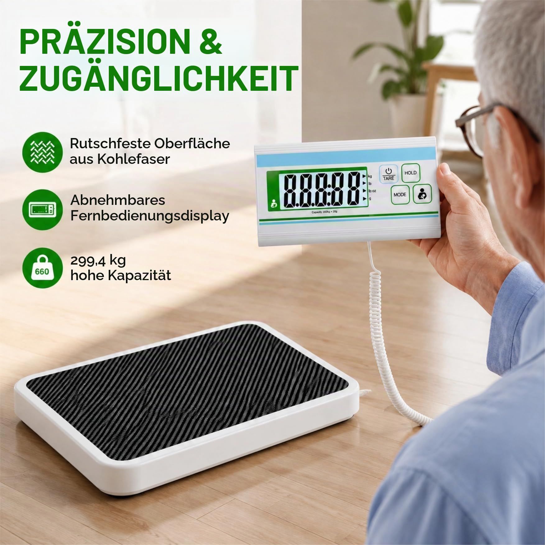 Medizinische Personenwaage 300 kg – Digitale Waage mit leicht ablesbarem Display, 34x30 cm große Plattform, für Krankenhaus, Praxis, Fitnessstudio und Haushalt
