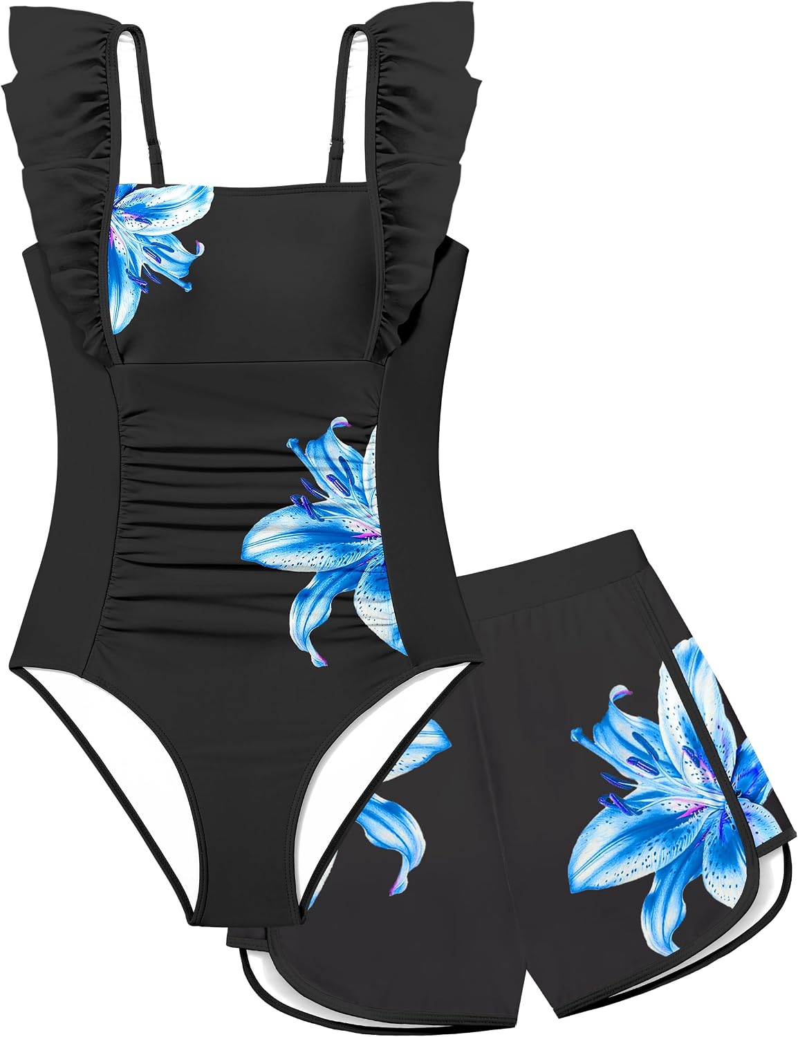 NECIOUS Girls Swimsuit Ruffle Adjustable Straps One Piece Bathing Suit Solid Color Ruched Girls' Swimwear 9-16Y