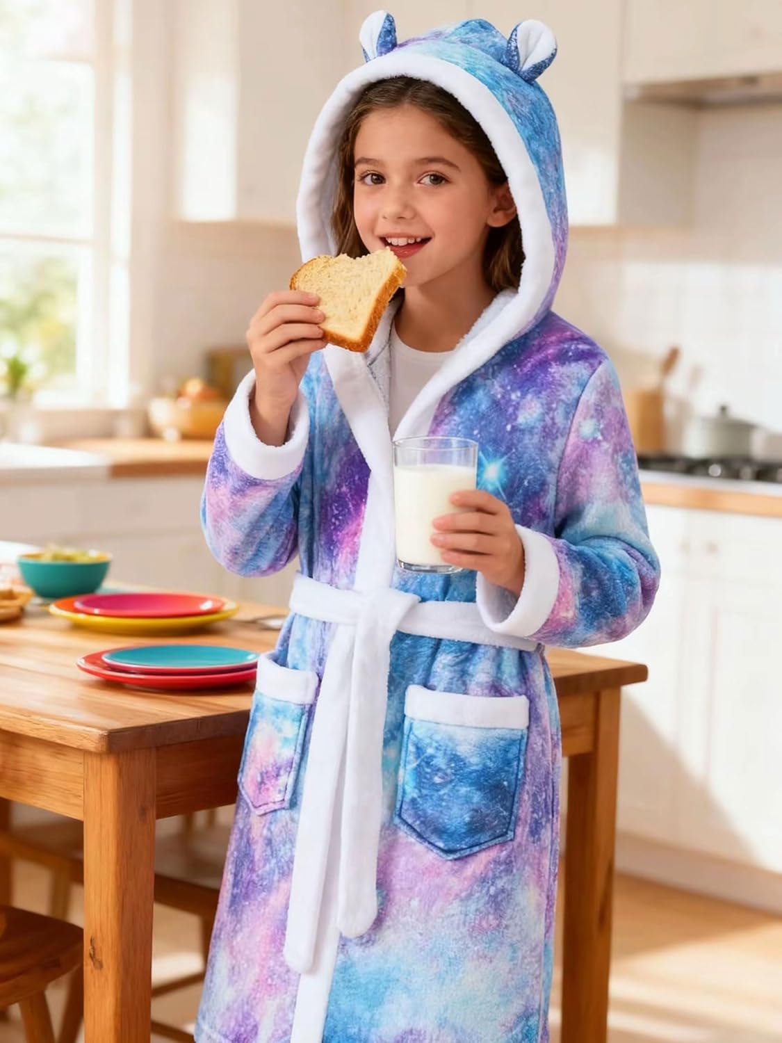 Funnycokid Girls Robes Kids Hooded Bathrobe Soft Fleece Pajamas Plush Flannel Sleepwear 4-14 Years - Image 4