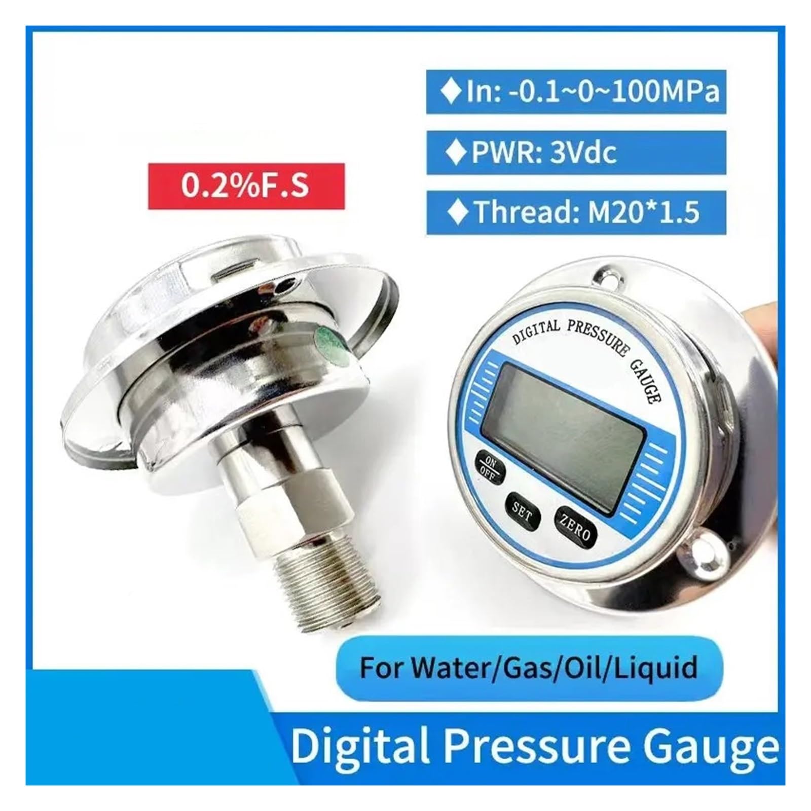 0,2% FS Axial Vakuum Unterdruckmessgerät Wasser Kraftstoff Digital Manometer 0-100Mpa Digital Manometer Piezometer(0-25Mpa,60mm dial Diameter)
