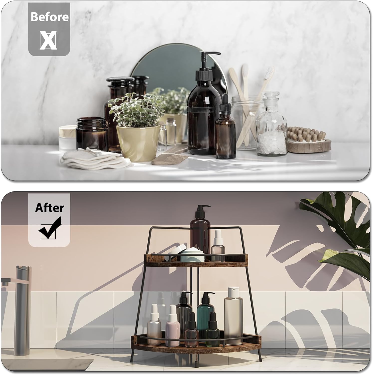 2-Tier Wooden Corner Vanity Shelf - Countertop Storage Organizer for Kitchen & Bathroom