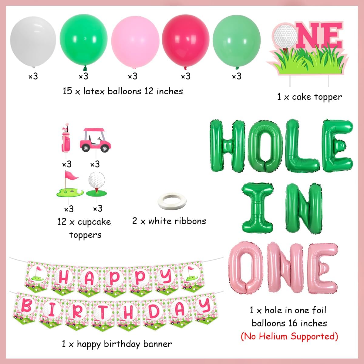 Hole in One Birthday Decorations for Girl, Golf 1st Bday Party Decorations - Pink Golf Theme Happy Birthday Banner, Cupcake Cake Toppers, Hole in One Foil Balloons for First Bday Party - Image 2