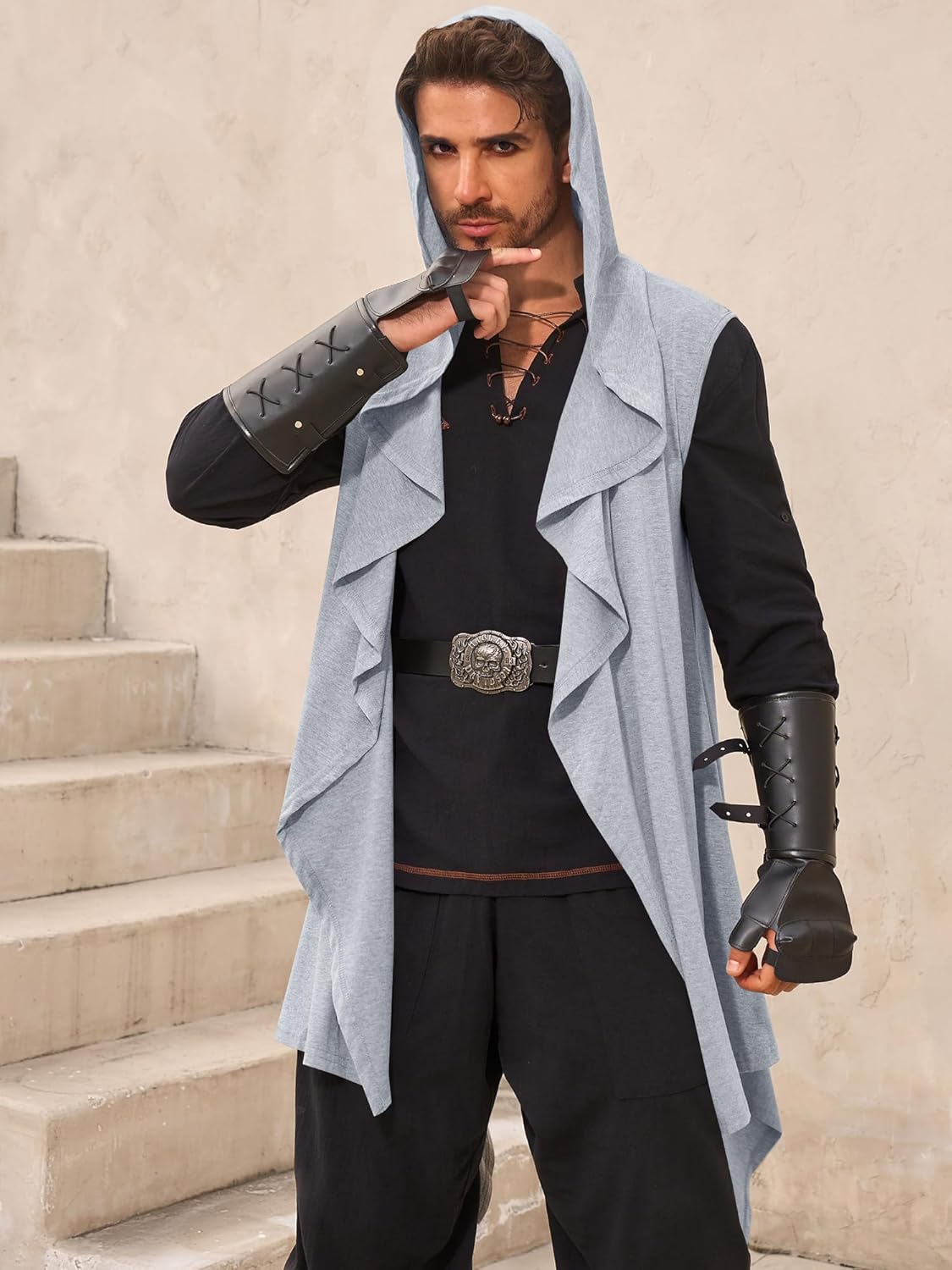 Runcati Mens Hooded Cardigan Sleeveless Ruffle Shawl Collar Open Front Knit Drape Robe - Image 2