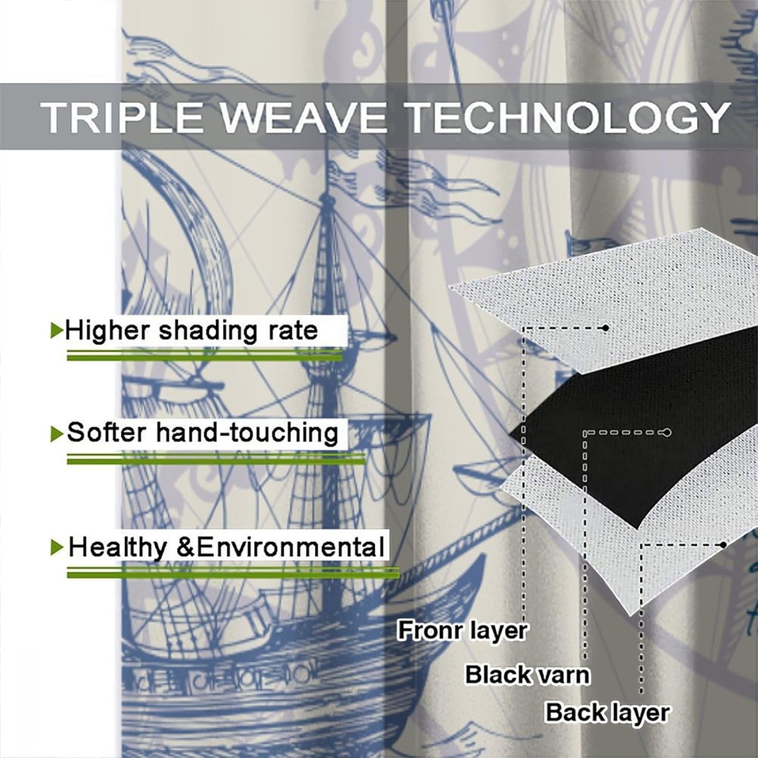 Vintage Sailboat Curtains, Caribbean Sailboat Cruise Nautical Elements Blue and White Blackout Rod Pocket Window Treatment for Kids Bedroom Living Room Restaurant Kitchen Drapes 63" W X 63" L