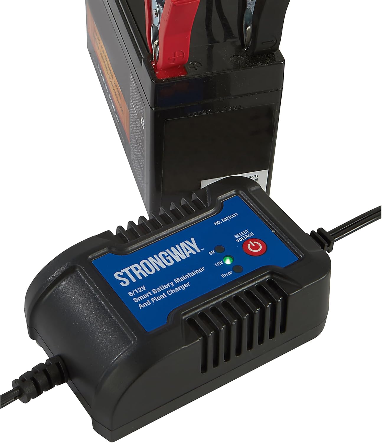 Strongway Battery Maintainer connected to a battery using the red and black O-ring terminals.