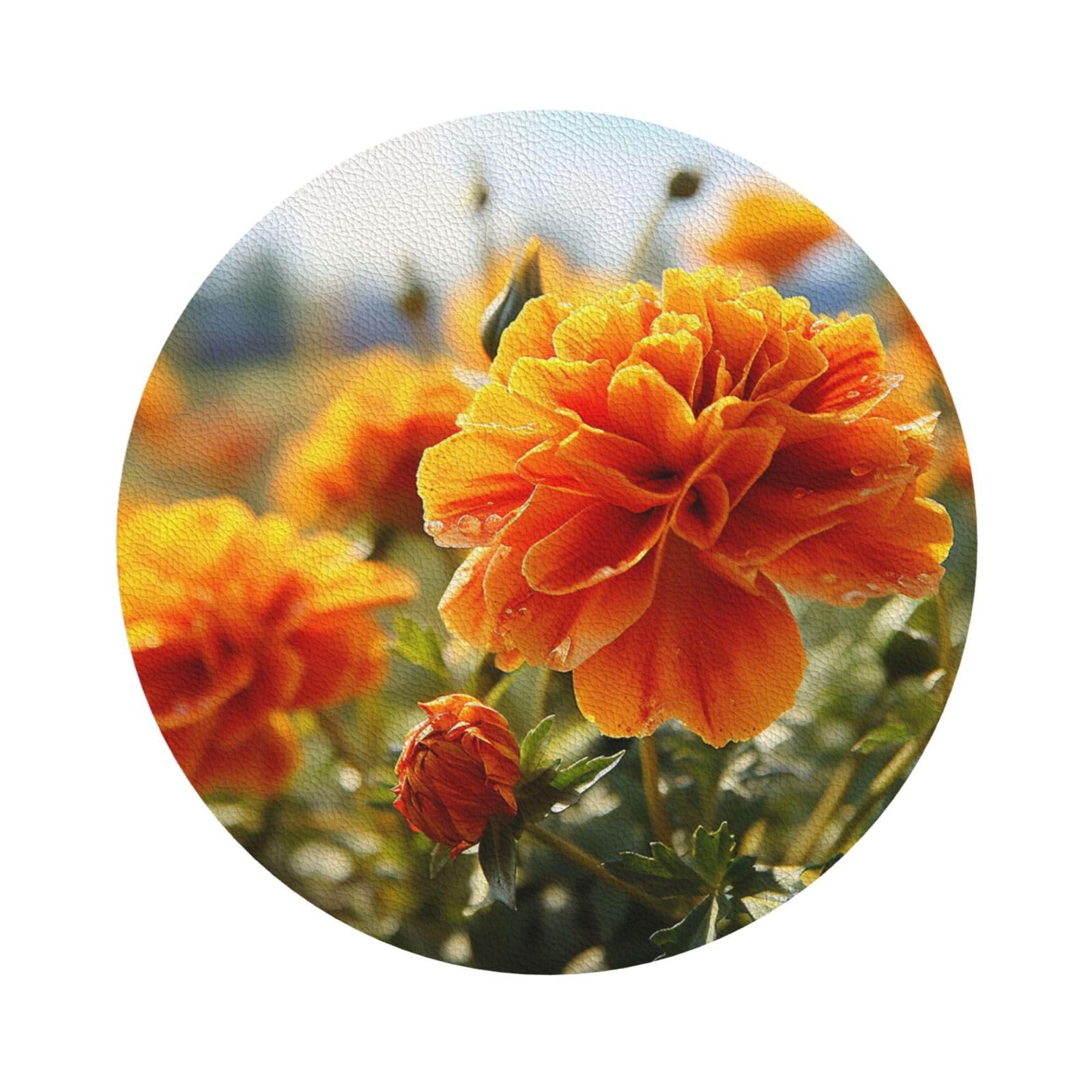 Fodpand Round Shape Marigold Flower Autumn Flowers Drink Coasters Set Of 4, Heat Resistant Leather Coasters Fuuny Bar Beer Beverage Coaster For Drinks, Absorbent Cup Mat For Tabletop Protection, Housewarming Gift