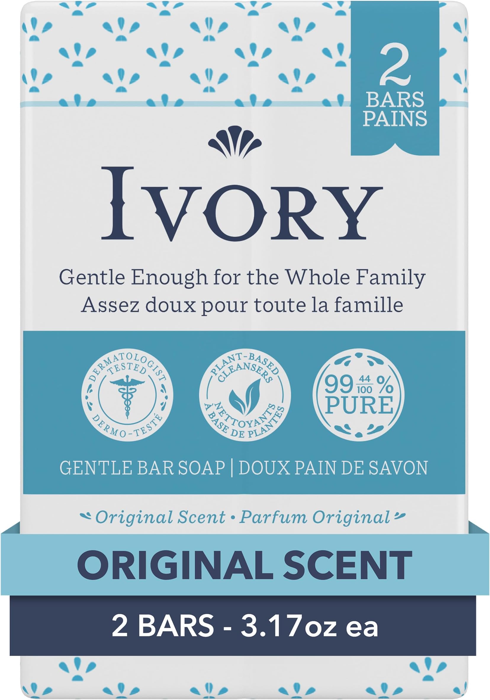 Gentle Bath Bar Soap, Designed for Whole Family, 99.44% Pure Formula with Plant-Based Cleansers, Made Without Heavy Perfumes, Parabens or Phthalates, Original Scent, 3.17 oz (2 Count)