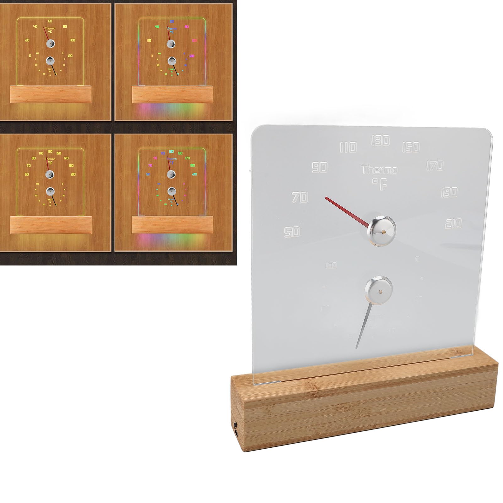 Higrómetro Termómetro Sauna con Base de Madera y Luz LED RGB para Medición Precisa de Humedad 0% -100% y Temperatura 50℉ -210℉ Higrómetro Digital para Sauna, Hogar, Spa, Baño, Wellness, Relajación