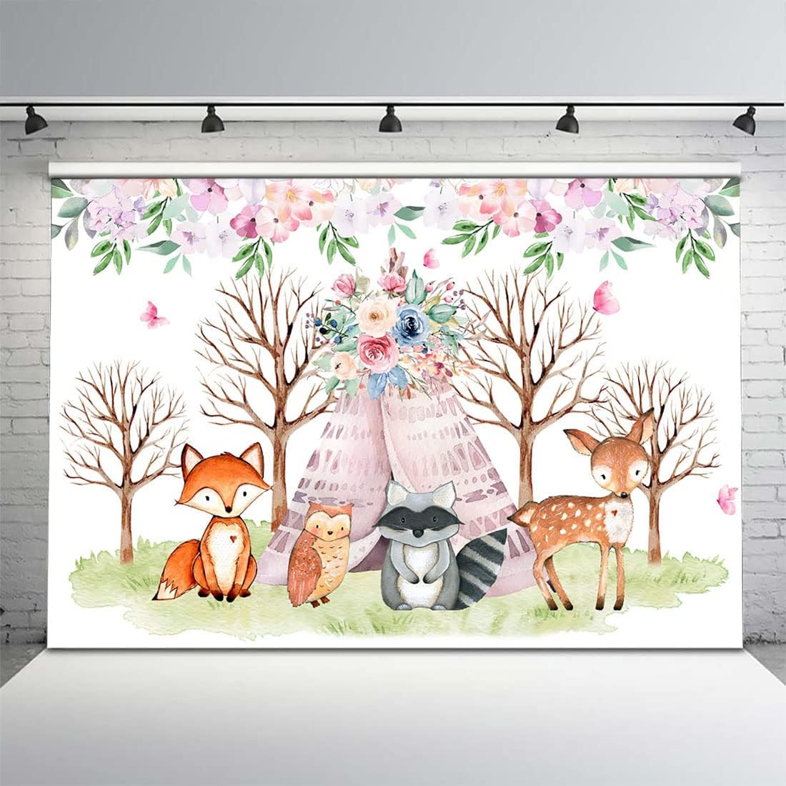 Avezano Woodland Baby Shower Backdrop Boho Theme Girl Birthday Watercolor Floral Decoration Banner 7x5ft Wild Creatures Newborn Photography Background Photo Booth Props