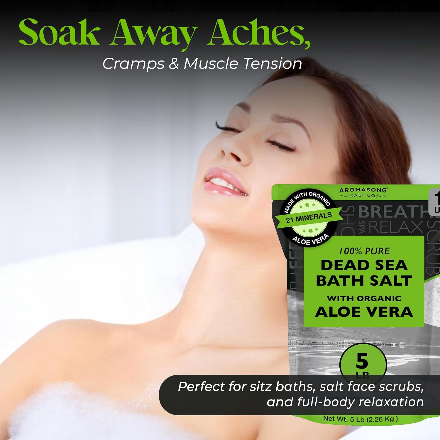 Aromasong Dead Sea Salt with Organic Aloe Vera, Spa Bath Salts, 5 Lbs Fine Bulk resealable Pack, 100% Pure & Natural, Soak for Women & Men for Tired Muscles & Skin Issues (Packaging May Vary) image 5