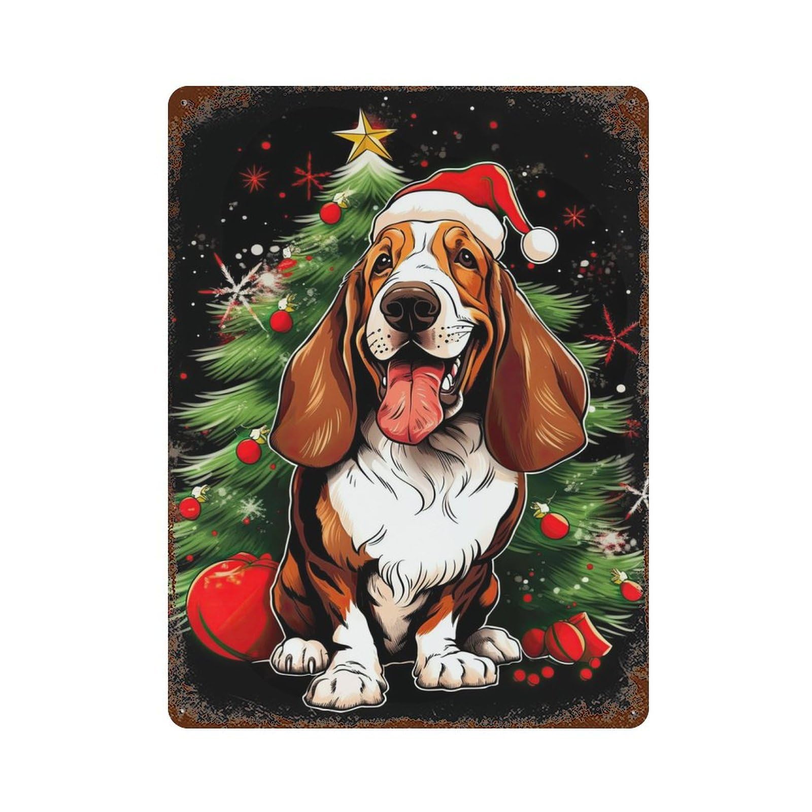 Basset Hound Christmas 15.7"x11.8" Vintage Rust Metal Sign, Shabby Chic Decor for Garage, Bar And Workshop Decor
