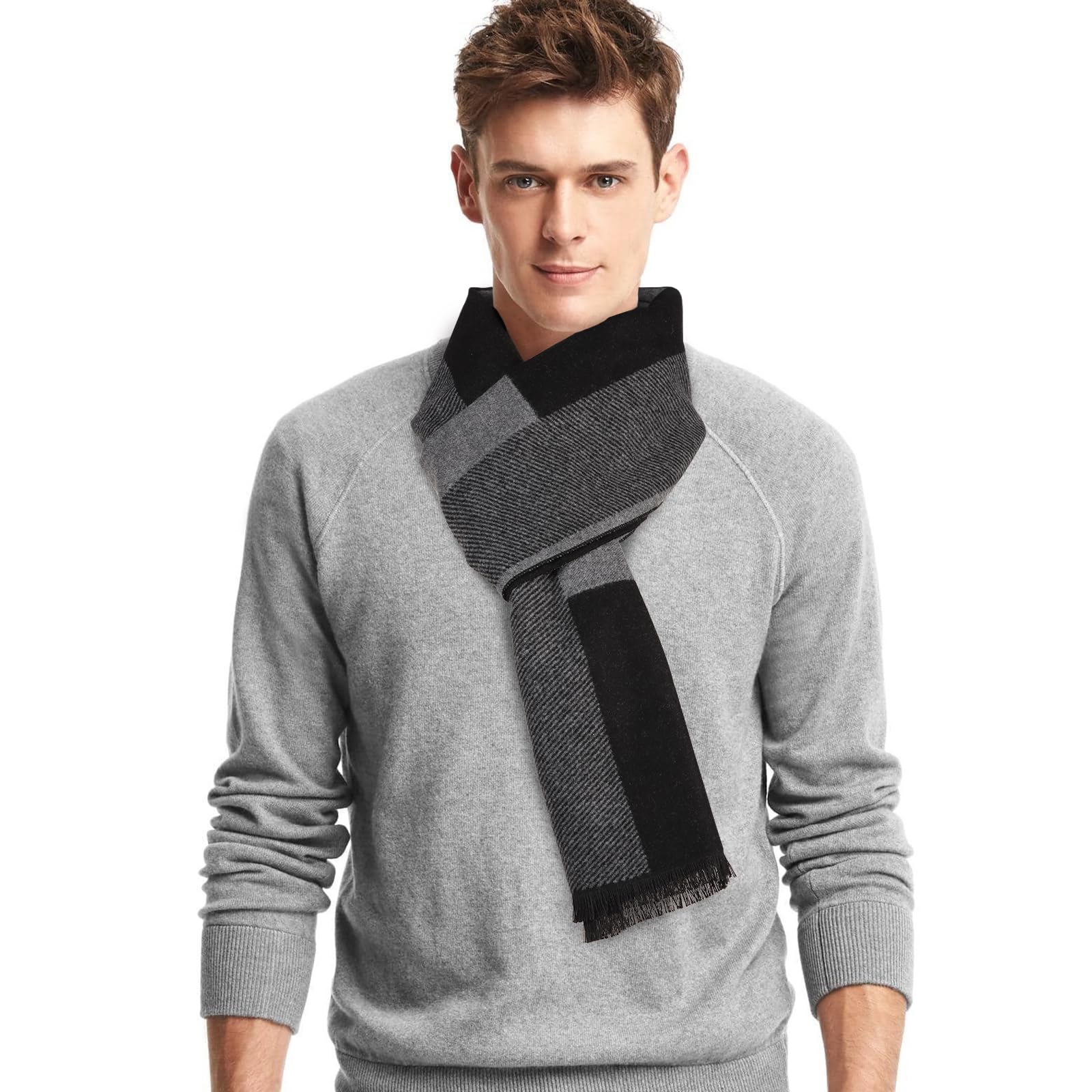 Minicoco Men's Winter Scarves - Soft Warm Cashmere & Wool Stripe Plaid Tartan Scarf (Dark Grey)