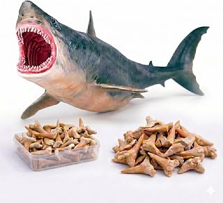 25 Real Fossilized Shark Teeth Collection & 10" Megalodon Shark Model Figurine | Educational Fossil Kit for Shark Lovers, Prehistoric Ocean Display