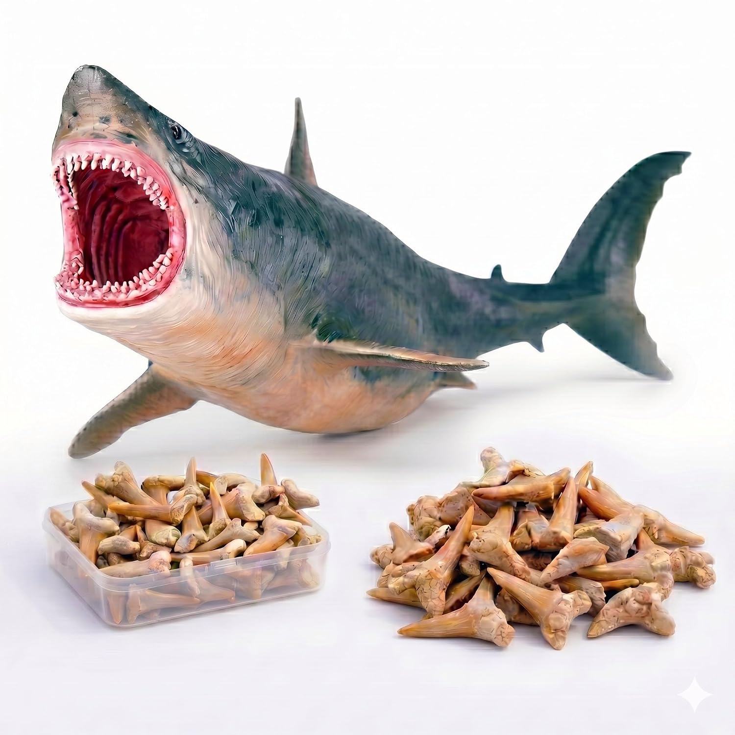25 Real Fossilized Shark Teeth Collection & 10" Megalodon Shark Model Figurine | Educational Fossil Kit for Shark Lovers, Prehistoric Ocean Display