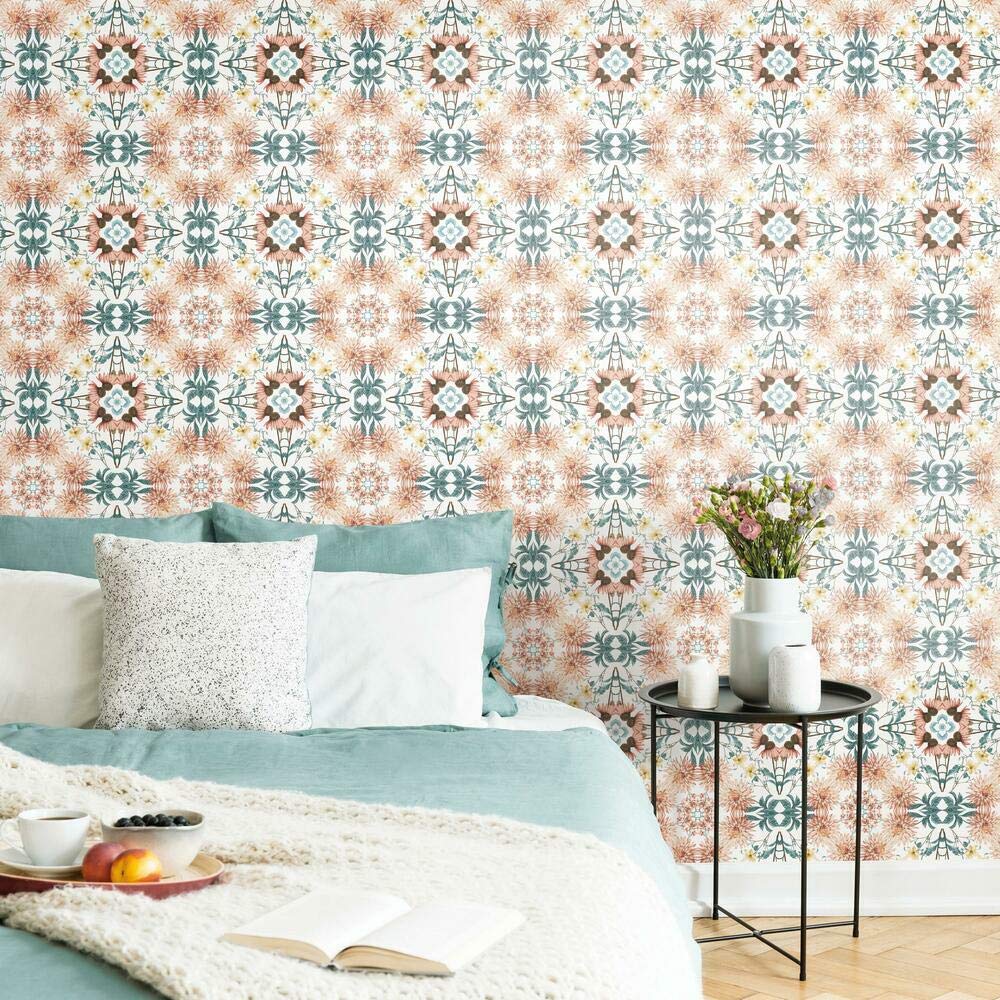 RoomMates RMK11460RL Yellow Cottage Garden Kaleidoscope Peel and Stick Wallpaper, Orange/Green - Image 2