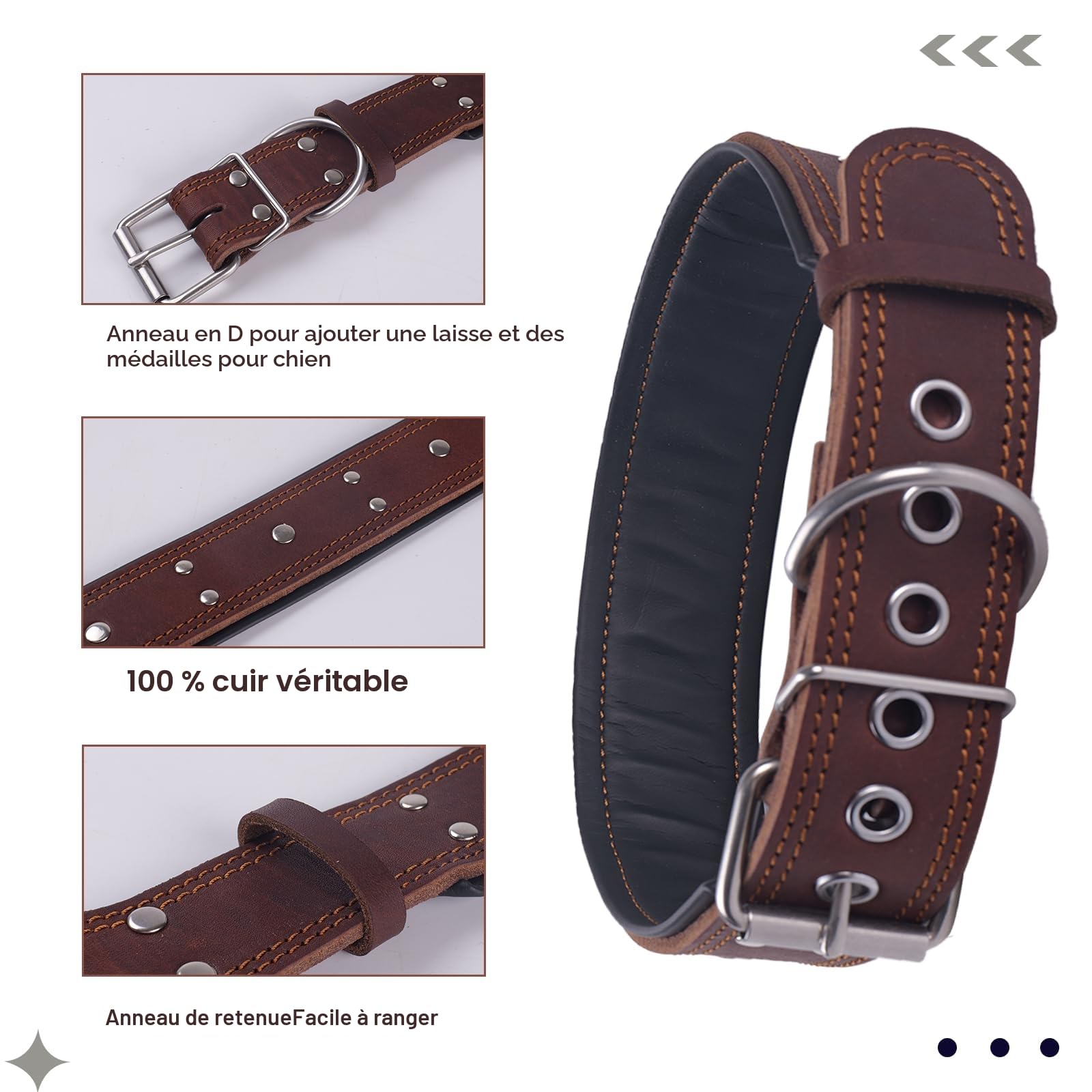 Collier pour Chien Clouté en Cuir, Rembourré Extra épais et Large de 5 cm, en Cuir Véritable Souple et Résistant, Très Robuste pour Les Chiens de Taille Moyenne, Grande et Très Grande (Marron, XXL)