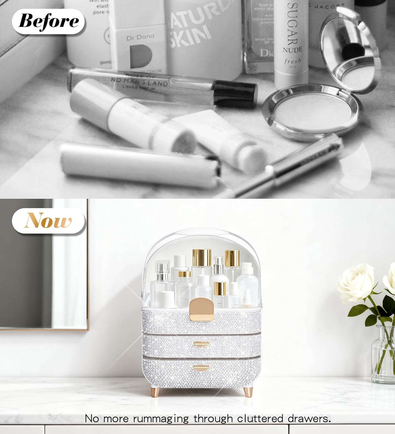 Bling Makeup Organizer Countertop, Sparkle Skincare Holder Organizer with Glitter Rhinestones, Storage Box Cosmetic Display Cases, Teen Girl Gifts Make up Organizers for Vanity, Dresser