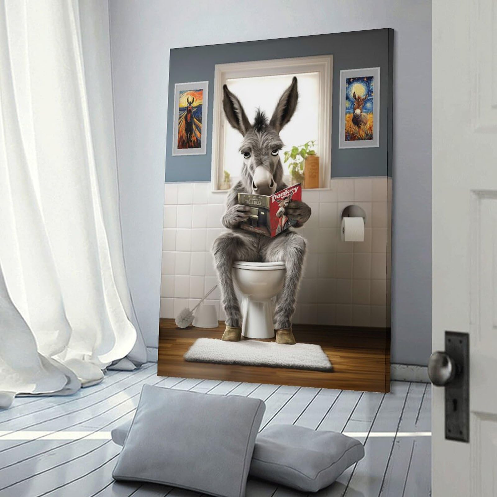 Junmoney Frame-Style-18 Donkey On The Toilet Room Decor Wall Art 16X24inch(40X60cm), For Entrance Walls, Hall Decor Or Foyers, A Neat Decor Update For Hallways