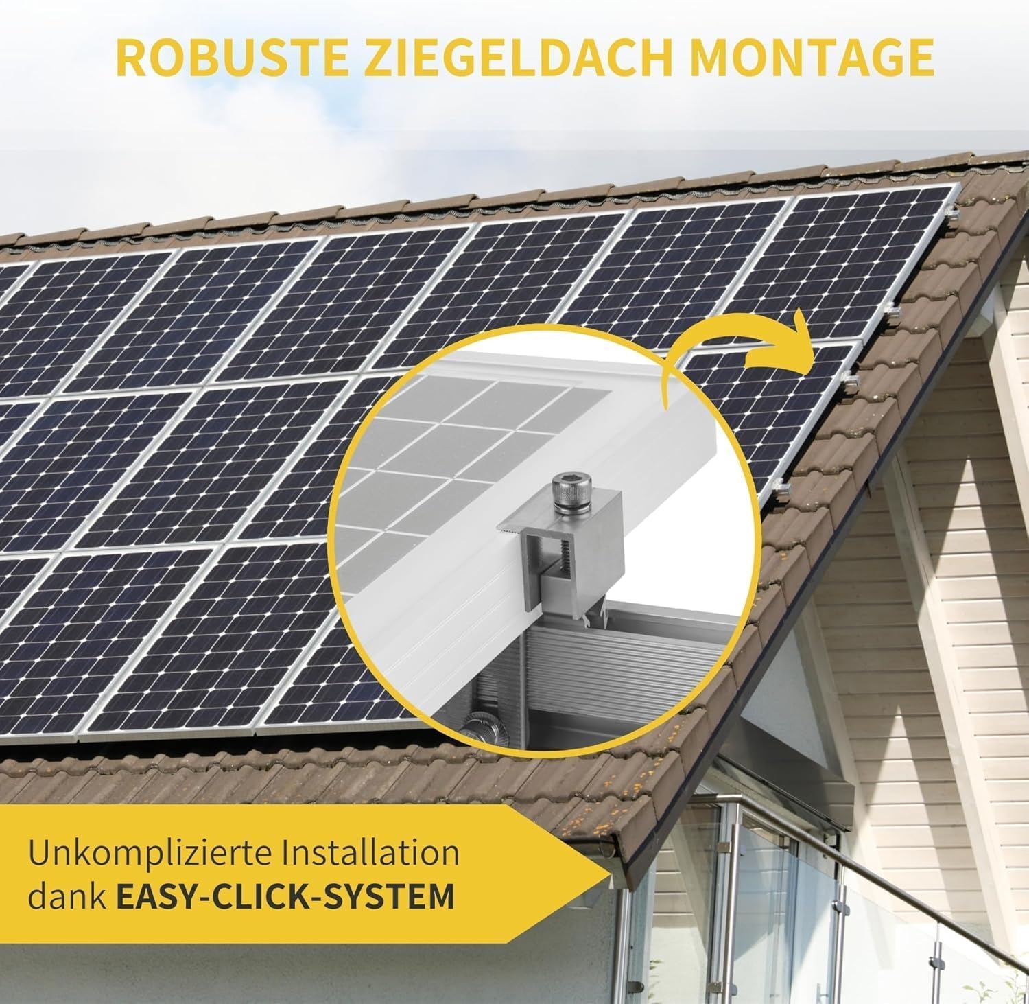 Solar Halterung Ziegeldach I Set für 4 PV Module 30-40mm I Solarmodul Halterung Balkonkraftwerk I Solarmodulbefestigungsset für Ziegeldächer aus Edelstahl 1.4301