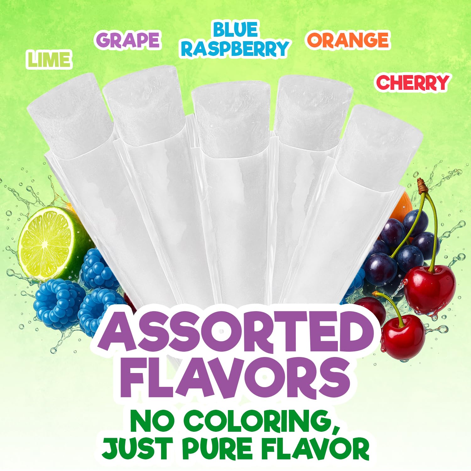 Freeze Pops, 50 Count Ice Pops Bulk Pack of Refreshing Assorted Flavors, Enjoy Dye Free Popsicles Frozen and Ready Anytime, Bright, Fruity and Fun Flavor Ice Freeze Pop Treats for All Ages