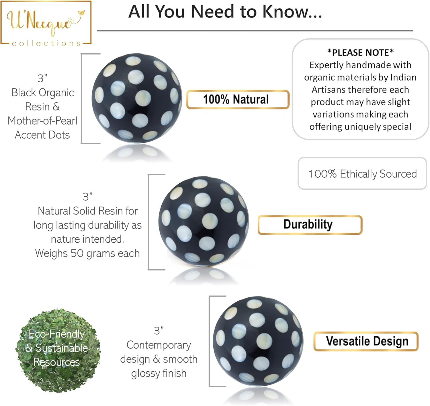 Beautiful Handmade Mother-of-Pearl Polka Dot Black Decorative Balls for Bowls – Small Decorative Balls Set of 3”(3 pcs), Accent Decor Ideal Decorations for Trays & Vases : Home & Kitchen