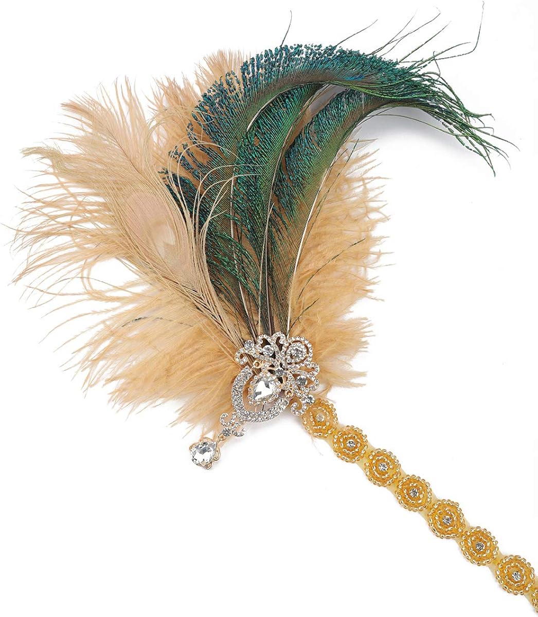 Miniatura 5 de Anglacesmade Diadema de plumas de flapper de los años 20 con cadena de cabeza de cuentas de cristal plumas de pavo real rugientes tocado fiesta de