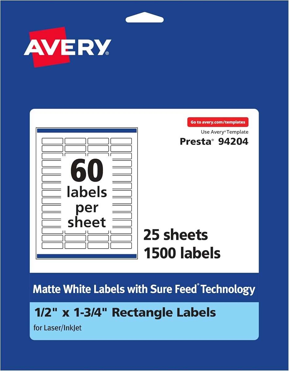 Avery® Matte White Rectangle Labels, Sure Feed® Technology, 0.5" x 1.75", 1,500 Matte White Printable Labels