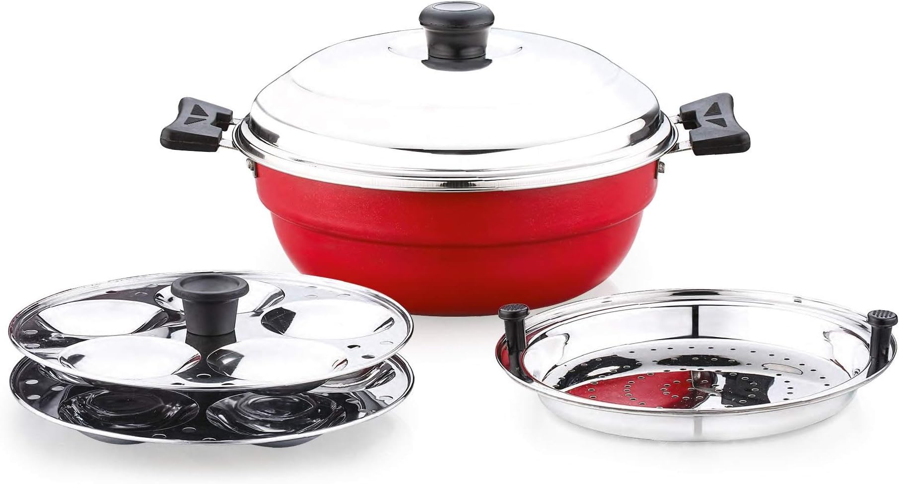 Non Stick Induction Base Multi Kadai (2 Idli Plates + 1 Steamer Plate) (Dia: 250mm) (Thickness: 3mm) (3Ltr) | All-In-One Idli Cooker Multi Kadhai Steamer, Momos Steamer Plate