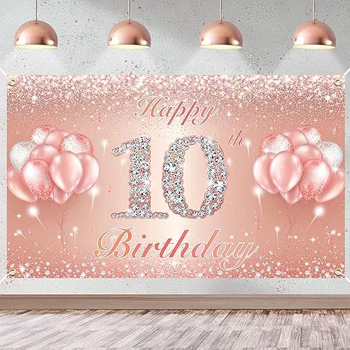 Cartel de fondo de feliz cumpleaños número 10 para niñas, color oro rosa, fondo de fiesta de cumpleaños de 10 años