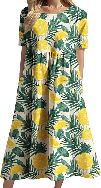ZOCAVIA Women Tropical Leaf Dress Short Sleeve 2026 Summer Beach Flower Dress Casual Boho Floral Midi Dresses with Pocket