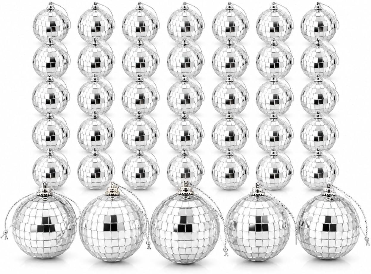 40 Pack Mirror Disco Balls, 2 Inch Silver Hanging Mirror Balls with String, Mini Reflective Ornaments for Christmas Tree, Party, Wedding, Centerpieces, Birthday, Stage and Home Decor