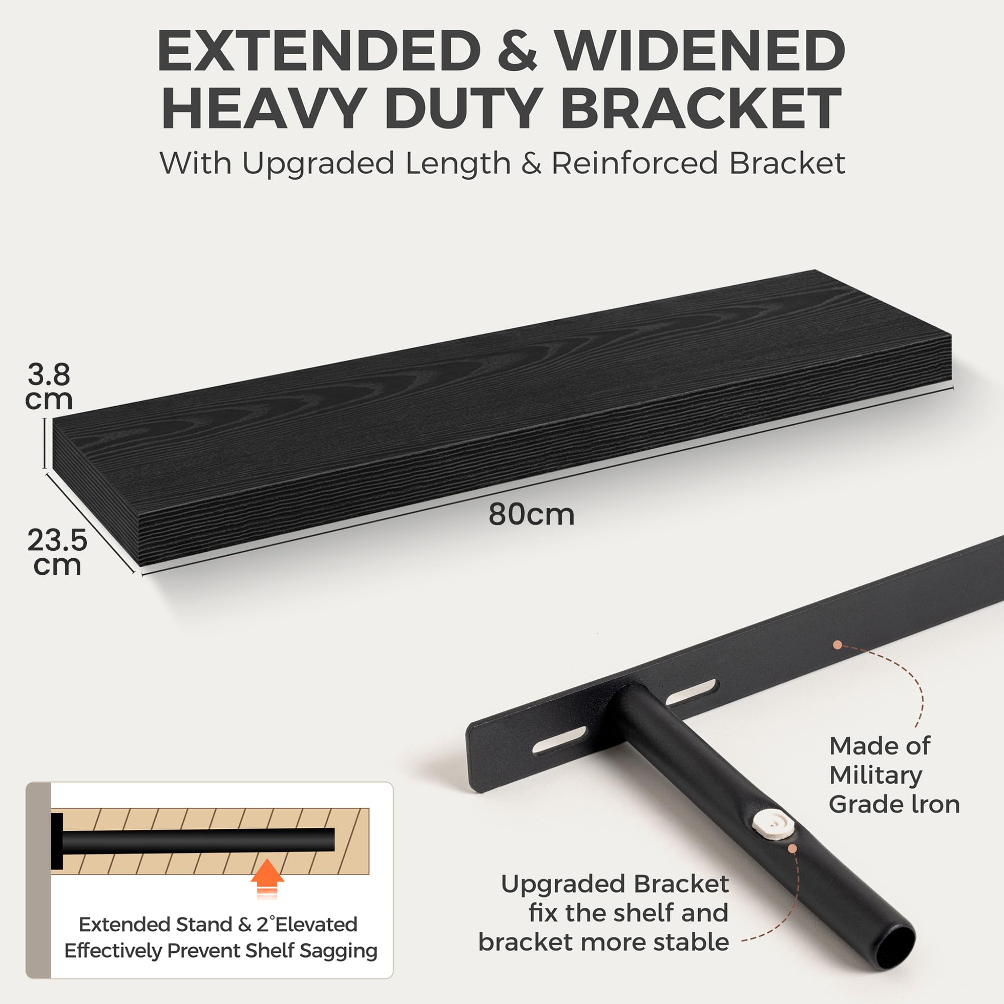 Acovy Lot de 2 étagères murales flottantes en bois pour salon, salle de bain, chambre à coucher, cuisine - 23,5 cm de profondeur - 80 cm de long - Noir