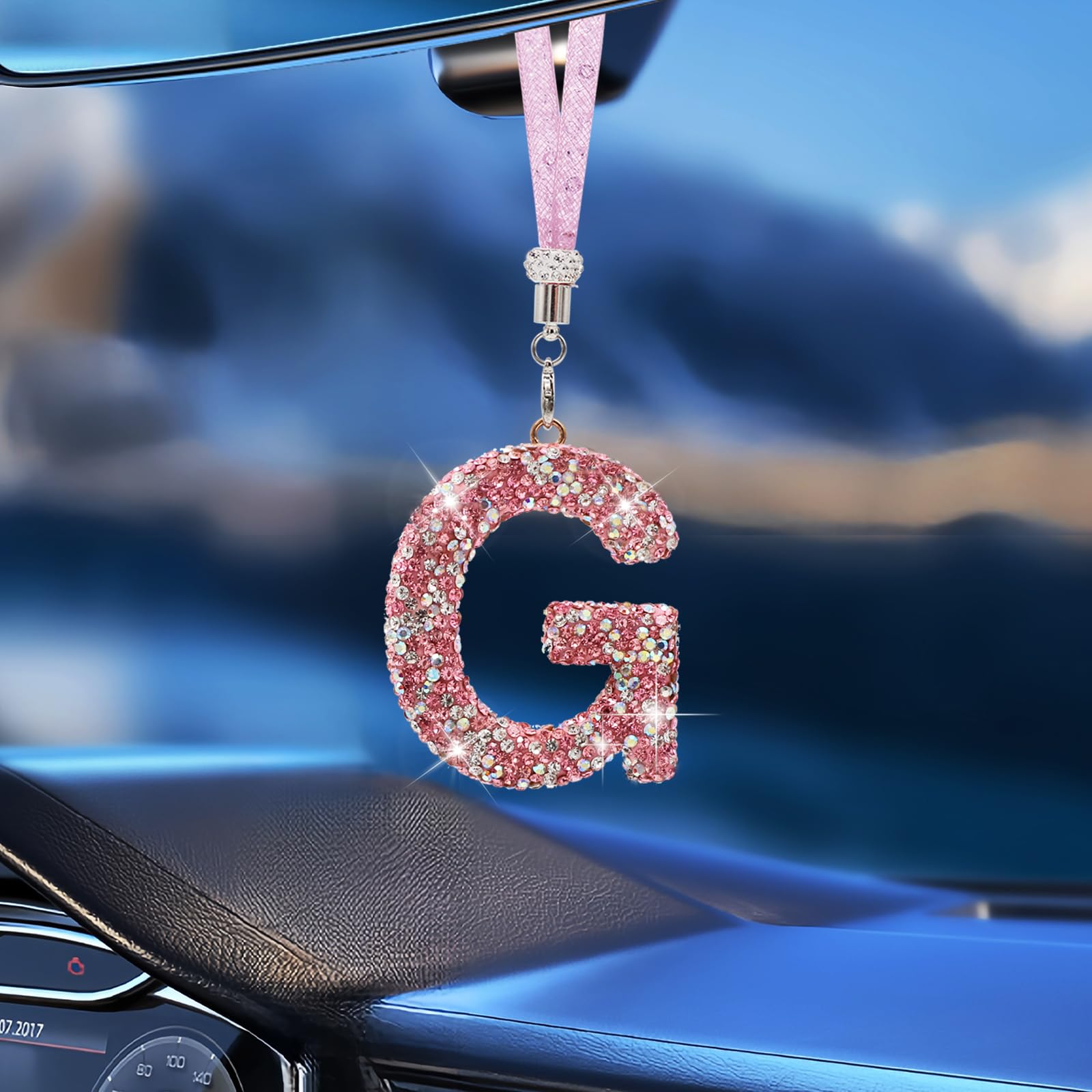 Colorful Bling Car Letter Charm, Rear View Mirror Ornament Cute Hanging Crystal Pendant Bling Car Accessories, Diamond Rhinestone Women Charm Auto Decoration (Rainbow G)