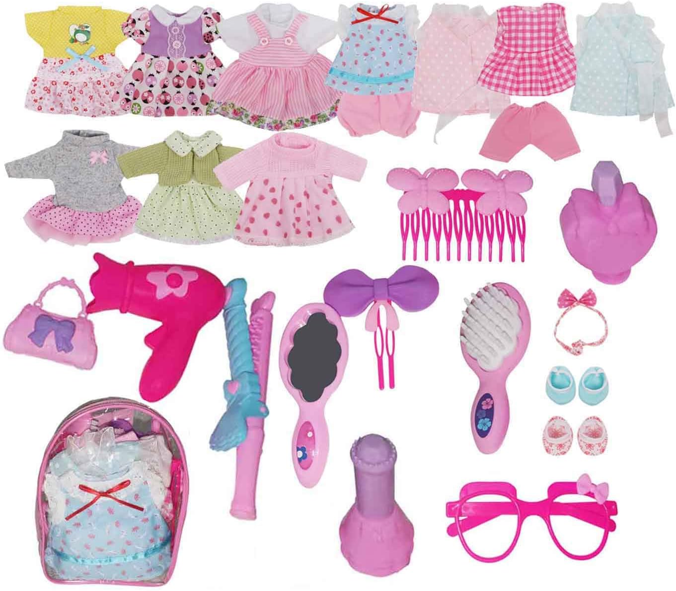 Huang Cheng ToysPretend Playset Pack of Alive Baby Doll Dress Clothes Costumes 10PCS Outfits for 12inch American Doll with 11PCS Doll Accessories.