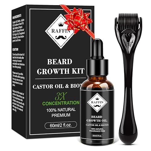 RAFFIN Kit de crecimiento de barba, aceite mejorado para el crecimiento de la barba (2 onzas) con biotina espesante máximo y aceite de ricino para
