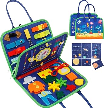 Busy Board Montessori Toys for Toddler 1 2 3 Year Old, Educational Learning Activity Sensory Book Felt Quiet Book Montessori Sensory Toys Baby Travel Busy Books for Plane Car, Boys Girls Gift