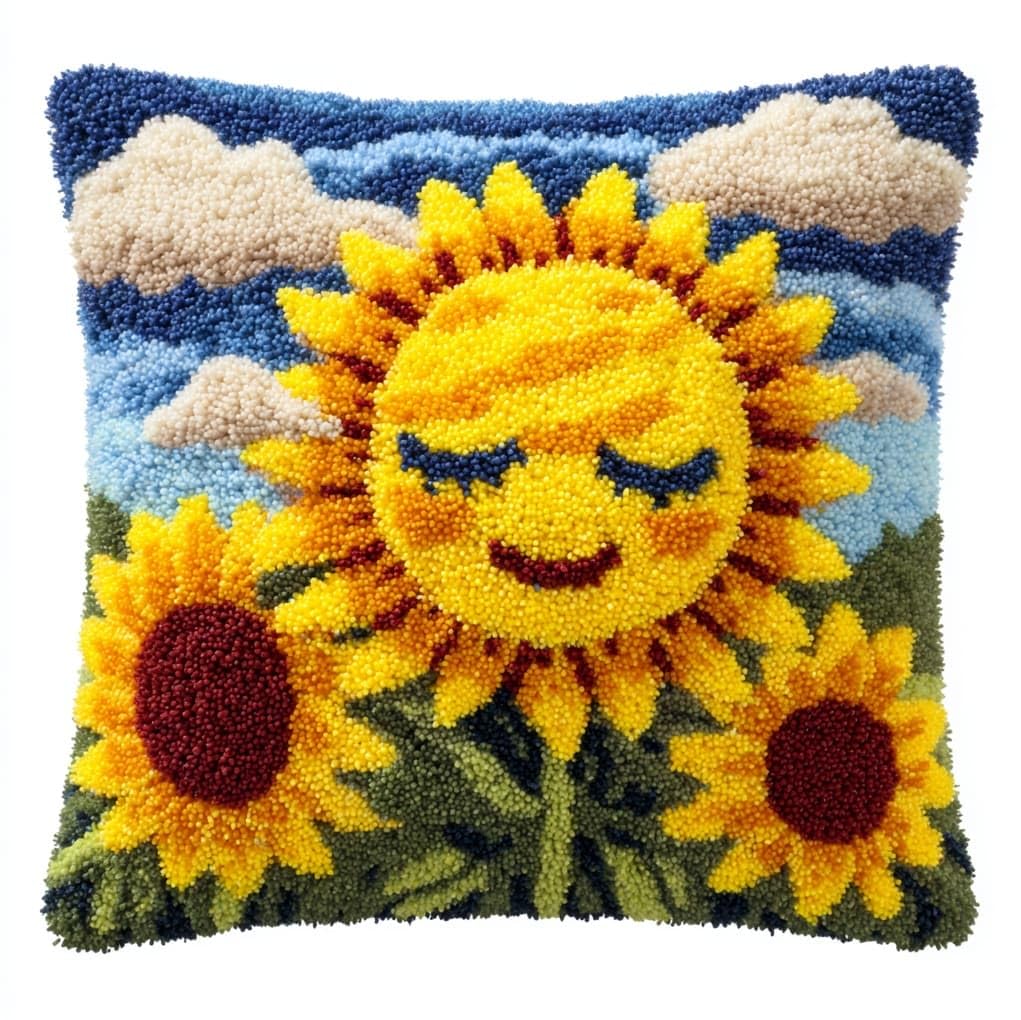 WallustrioaW Latch Hook Pillow Cover Kit,Smiling Sunflower,Cross Stitch Cushion Covers Kits DIY Craft Needlework Latch Hook for Kids Adults,43x43cm
