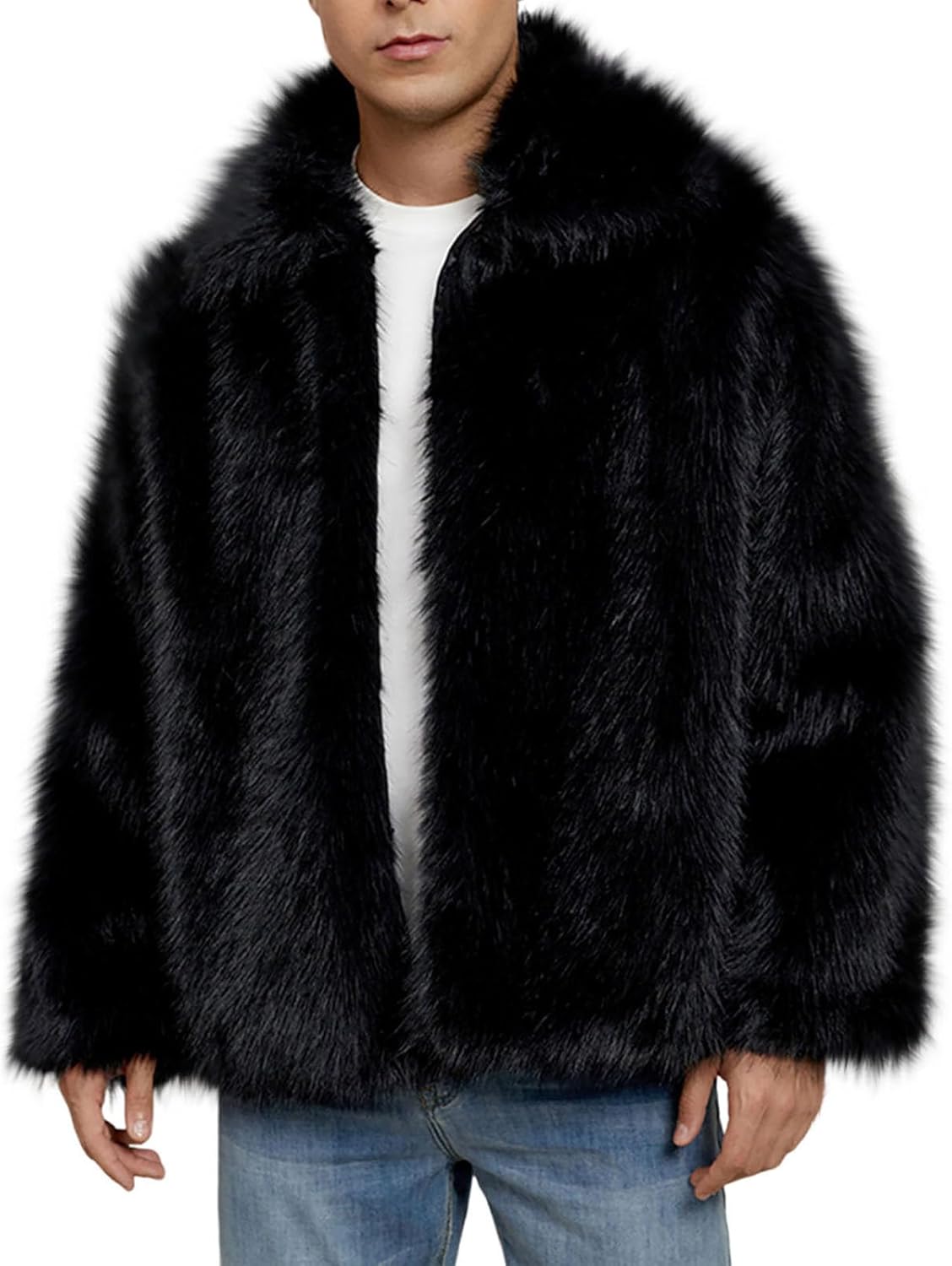 Cambkatl Men's Luxury Faux Fur Coat, Warm Winter Furry Long Sleeve Jacket Open Front Cardigans Lapel Outerwear