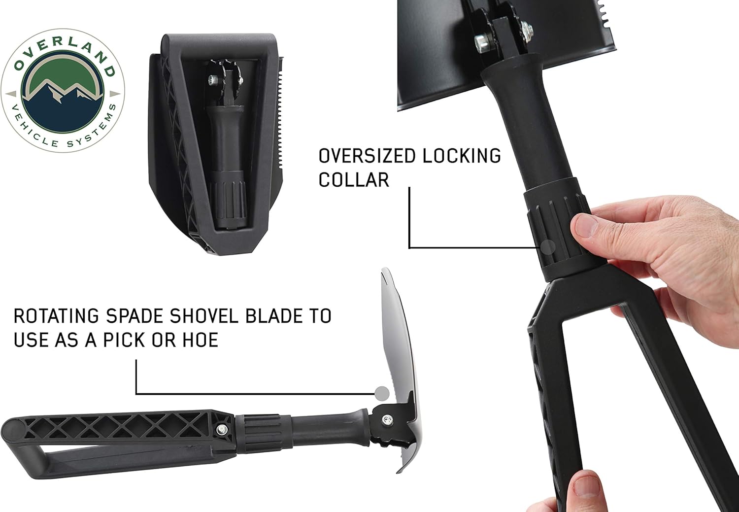 Overland Vehicle Systems Multi Functional Military Style Utility Shovel with Nylon Carrying Case Universal - Reinforced Handle with Locking Collar - #50 Boron Steel Spade