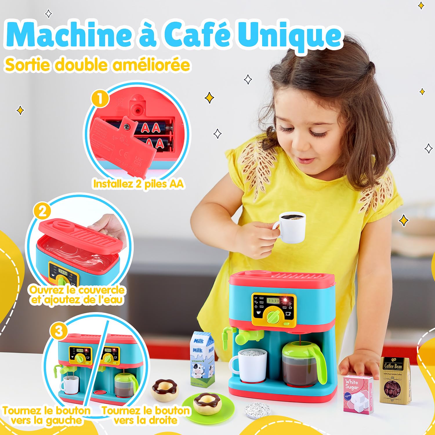 PLAY Accessoire Cuisine Enfant, Set de Ustensile Cuisine Enfant avec Cafetière, Mixer, Jouets Alimentaires, Eclairage et Son Réalistes, Kit Cuisine pour Enfant 3+ Ans